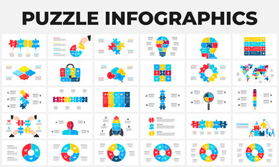 Puzzle infographic set. Bundle templates for data visualization. Light bulb, human head, suitcase, brain, rocket, pencil, map and magnifier elements for presentation