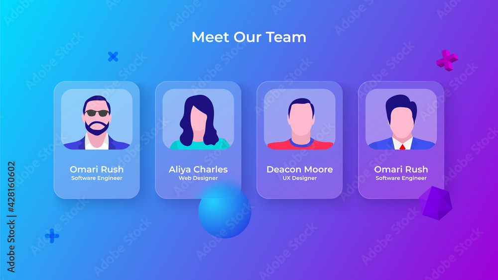 Aufkleber Glassmorphism our team concept with 3d geometric shapes. Frosted glass effect. Illustration on blurred gradient vector background