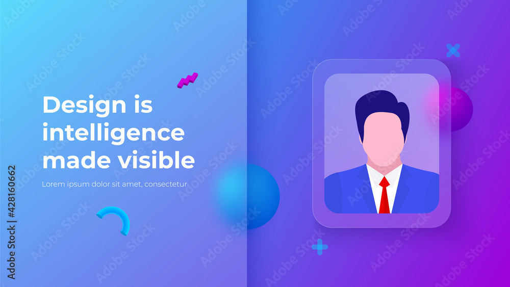 Aufkleber Glassmorphism concept with 3d geometric shapes and businessman avatar. Frosted glass effect. Illustration on blurred gradient vector background