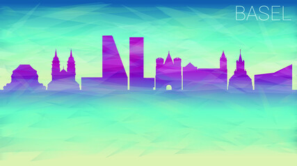 Naklejka premium Basel Switzerland City Skyline Vector Silhouette. Broken Glass Abstract Geometric Dynamic Textured. Banner Background. Colorful Shape Composition.