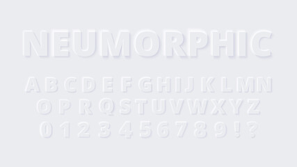 Neumorphic alphabet font. Light letters and numbers. Stock vector typescript for your typography design