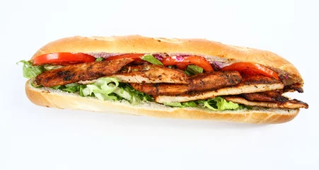 Zelfklevend Fotobehang Baguette sandwich with chicken and fresh vegetables © דרור להט
