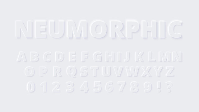 Neumorphic alphabet font. Light letters and numbers. Stock vector typescript for your typography design
