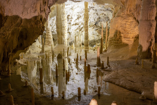 Stalactites and stalagmites in one of the most famous caves of Italy Grotte di Frasassi. Marche, Italy
