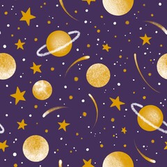 Yellow planets, stars and asteroids on a deep purple background. Cute seamless pattern for fabric and wallpaper. Space print design in childish style. Night sky for home decor