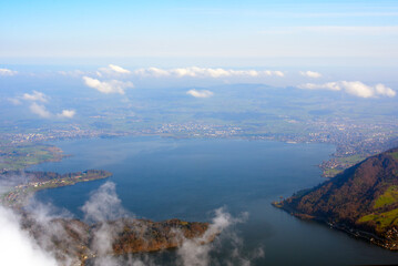 View from mount Rigi to the Swiss midlands with lake Zug. Photo taken April 14th, 2021, Rigi Kulm, Switzerland.