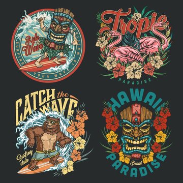 Hawaii surfing vintage colorful labels