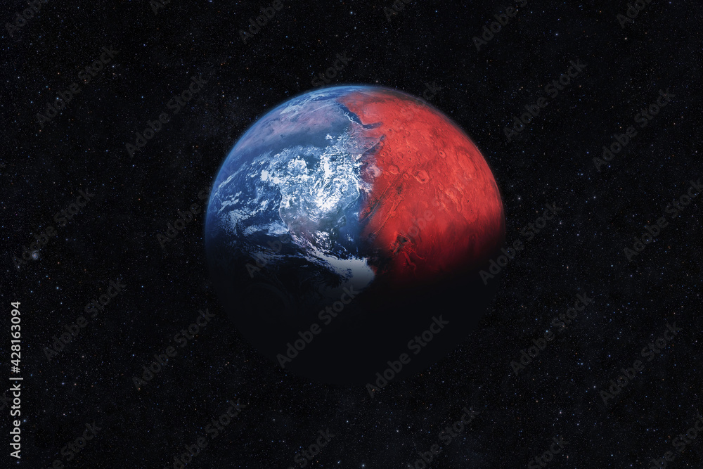 Poster from planet earth to the red planet mars, concept. planet transformation and climate change in the s