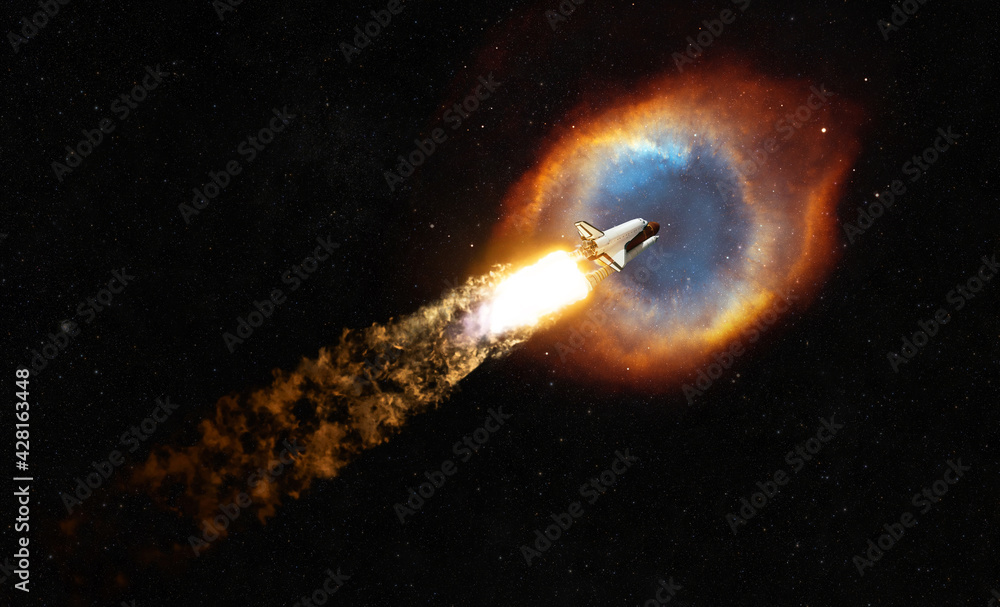 Poster spaceship flies in space towards the colored nebula. space rocket with blast and puffs of smoke lift