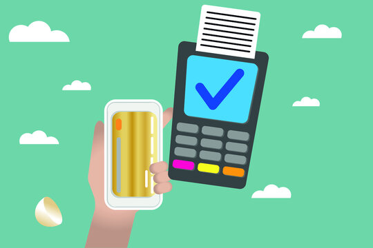 Vector illustration. Contactless payment. The concept of a payment terminal near the communication field. Internet transactions, paypass and NFC