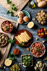 Fototapeta na wymiar vegan snacks, dips and side dishes on a table