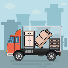 A truck full of furniture inside. Delivery service, moving to a new home. Sofa, wardrobe, chest of drawers. The truck drives on the road past the city. Flat illustration