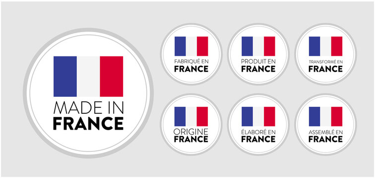 Set of badge logotype Made in France, turn into France, on white round background, symbol logo for packaging design