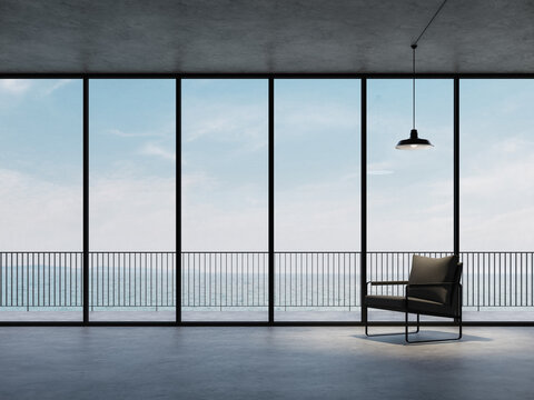 Minimal loft style empty room with sea view background 3d render,there are polished concrete floor and ceiling decorate with black metal furniture overlooking terrace behide.