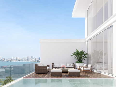 Minimal stye white house with wooden swimming pool terrace 3d render,There has white marble pool tile decorate with rattan furniture overlooking sea and city view.