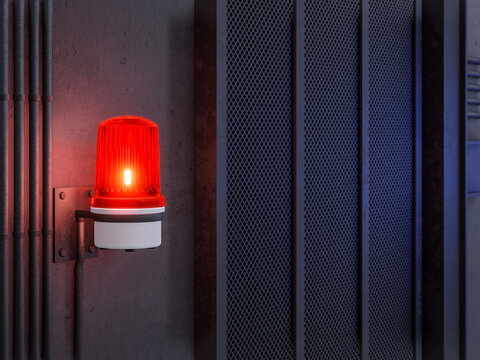 Red siren light warning activation on industrial loft style wall background 3d render
