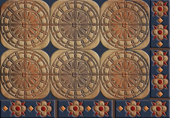Brown & colored geometric wall art decor, Ceramic Abstract Dark grey, and Brown geometric pattern, arabesque style, Japanese style pattern. - Illustration