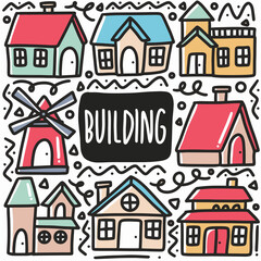 hand drawn city building doodle set