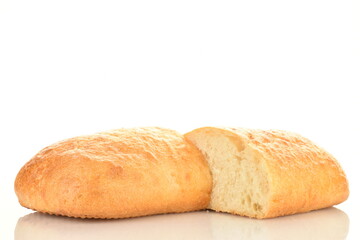 Two halves of fresh aromatic ciabatta, close-up, isolated on white.