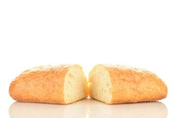 Two halves of fresh aromatic ciabatta, close-up, isolated on white.