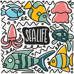 Fototapeta na wymiar hand drawn sea life doodle set