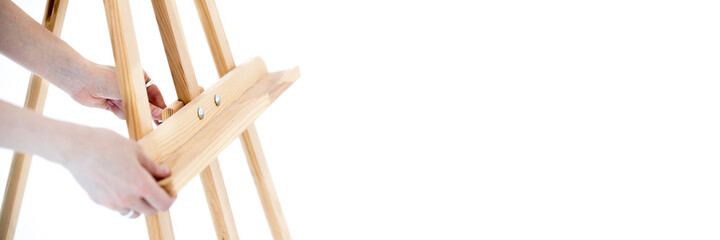 Decorator at work. Still life in old masters style. Flowers, fruits. The concept of a richly decorated table. Banner.