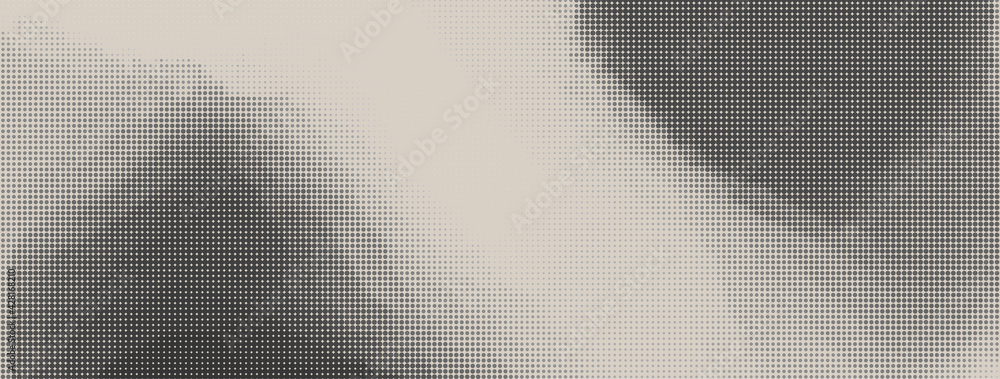Poster Halftone in abstract style. Geometric retro banner vector texture. Modern print. White and black background. Light effect.