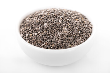 Chia seeds. Chia seeds in white bowl on white background. chia