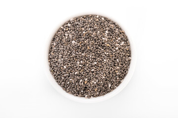 Chia seeds. Chia seeds in white bowl on white background. chia