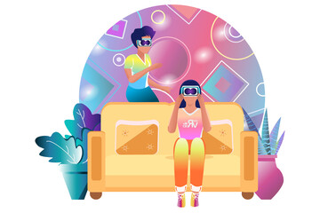 People are immersed in artificial life. Virtual reality glasses. The concept of the future, new technologies. Vector. Bright illustration in a flat style.