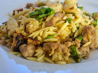 One Pan Dinner with Sausage, Asparagus, Orzo, and Bread Crumbs