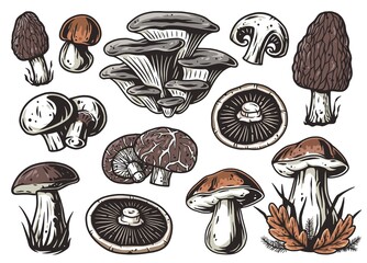 Mushroom picking of morel. Set of mushrooms. Vegetarian fungus boletus or cremini collection for food. Nature fungi porcini for healthy nutrition - obrazy, fototapety, plakaty