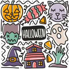 hand drawn halloween party doodle set