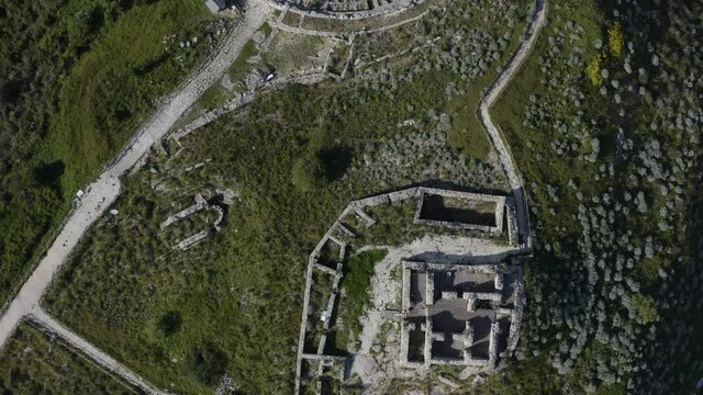 Ancient theater of Segesta partly excavated in the rock of the hill. Segesta Archaeological Park in the province of Trapani. Ancient Sicily.