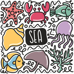 hand drawn biota sea doodle set