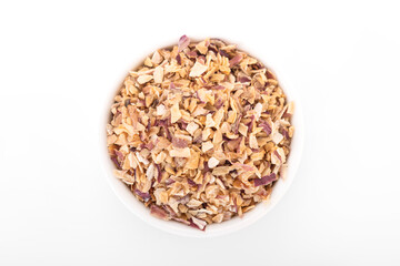 chopped scallion. chopped scallion in white bowl on white background. chopped scallion, dried Shallots Flakes, dry onion, onion flakes