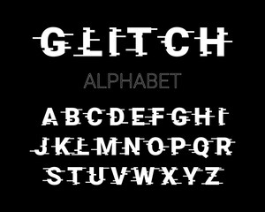 Latin Glitch Alphabet. White Alphabet. Vector illustration.