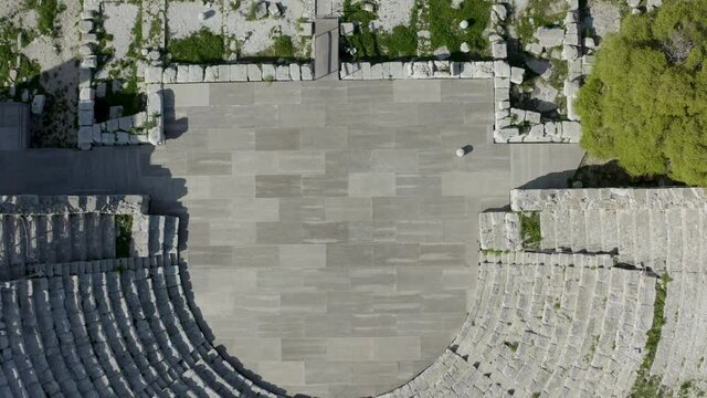 Ancient theater of Segesta partly excavated in the rock of the hill. Segesta Archaeological Park in the province of Trapani. Ancient Sicily.