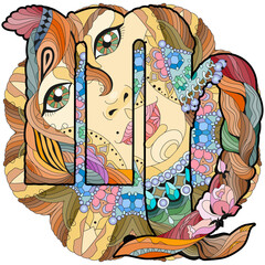 Virgo zodiac sign with mandala cute cartoon virgo character retro zentangle stylized in vector