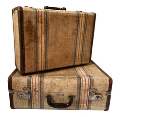 Two Vintage Striped Suitcases on Isolated White Background