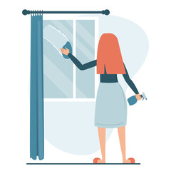Woman cleaning the window vector isolated. Housewife doing domestic routine. Washing glass window with sponge.