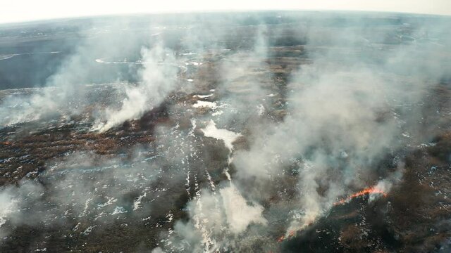Aerial view of wildfire on the field. Huge clouds of smoke
