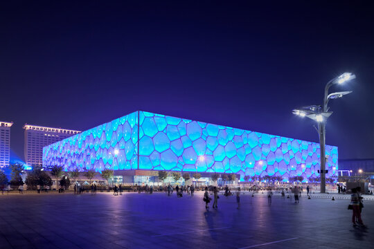 Beijing Olympic Water Cube at night time on August 28, 2011. It hosted swimming, diving and synchronized swimming events. Its capacity was 17.000m2 and is reduced to 6.000 after Olympics.