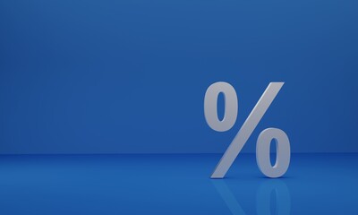 Percentage icon 3D white on a blue background, 3d rendering