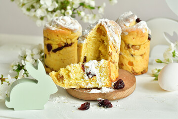 Happy easter. Traditional Easter cake , homemade kraffin with raisins,candied fruits .Cherry blossom on white wooden background.