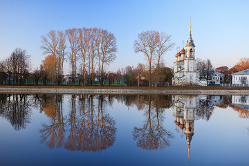 Fototapeta na wymiar church river panorama vologda, landscape orthodoxy tourism russia