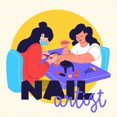 Nail artist illustration. Professional manicurist at work. Two young women are doing a manicure. Trendy vector illustration for a beauty studio.