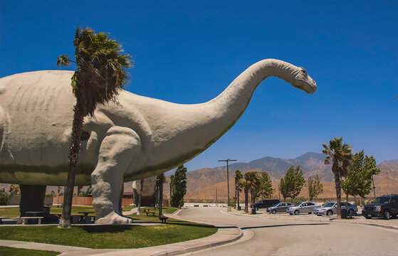 Cabazon, CA, USA: June 18th, 2010: A 150-foot-long Brontosaurus known as Dinny the Dinosaur is part of a roadside attraction that stands near the freeway in Cabazon, CA.