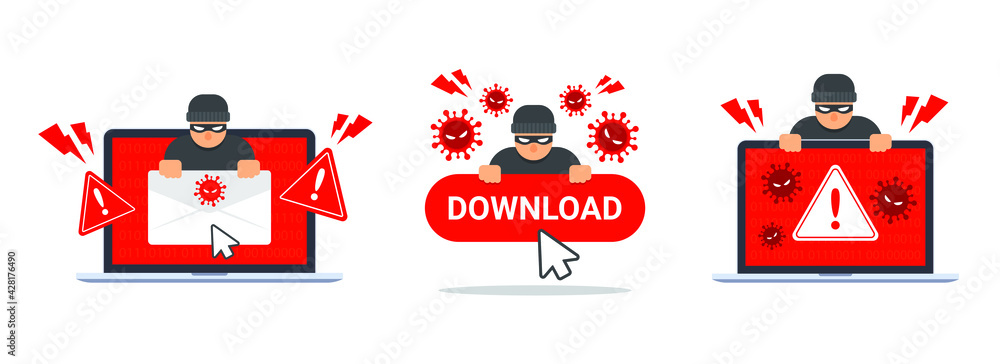 Poster collection of computer virus detection icons. system error warning on a laptop. emergency alert of t