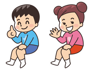 座る子供　男子と女子　小学生